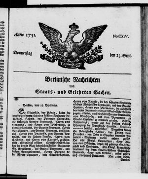 Berlinische Nachrichten von Staats- und gelehrten Sachen vom 23.09.1751