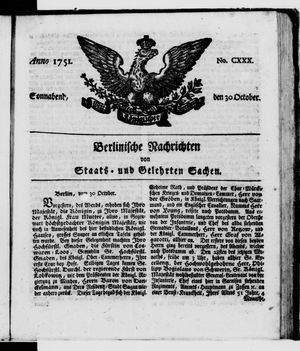 Berlinische Nachrichten von Staats- und gelehrten Sachen vom 30.10.1751
