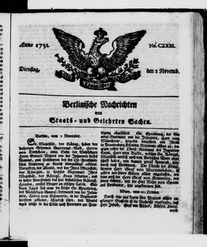 Berlinische Nachrichten von Staats- und gelehrten Sachen on Nov 2, 1751
