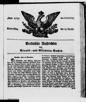 Berlinische Nachrichten von Staats- und gelehrten Sachen vom 18.11.1751