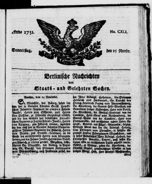 Berlinische Nachrichten von Staats- und gelehrten Sachen vom 25.11.1751