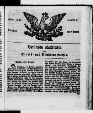 Berlinische Nachrichten von Staats- und gelehrten Sachen vom 07.12.1751