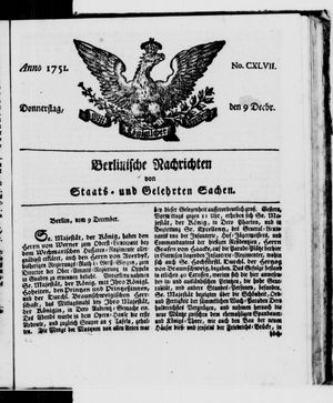 Berlinische Nachrichten von Staats- und gelehrten Sachen vom 09.12.1751