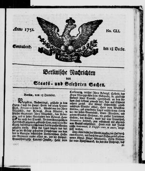 Berlinische Nachrichten von Staats- und gelehrten Sachen vom 18.12.1751