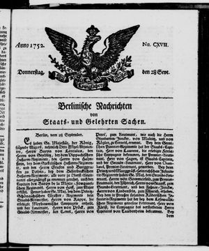 Berlinische Nachrichten von Staats- und gelehrten Sachen vom 28.09.1752