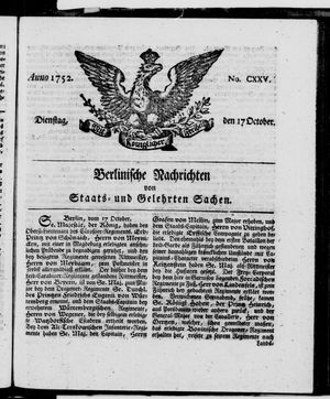 Berlinische Nachrichten von Staats- und gelehrten Sachen vom 17.10.1752