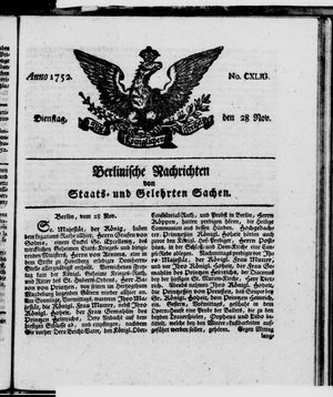 Berlinische Nachrichten von Staats- und gelehrten Sachen vom 28.11.1752