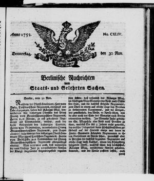 Berlinische Nachrichten von Staats- und gelehrten Sachen vom 30.11.1752