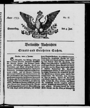Berlinische Nachrichten von Staats- und gelehrten Sachen vom 04.01.1753
