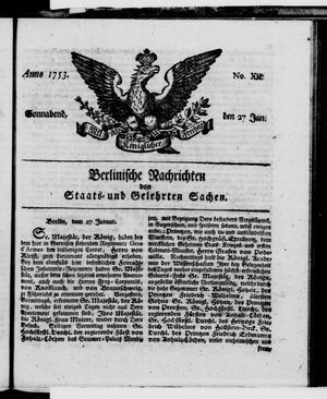 Berlinische Nachrichten von Staats- und gelehrten Sachen vom 27.01.1753