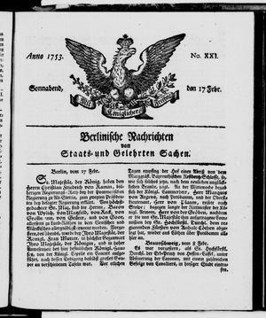 Berlinische Nachrichten von Staats- und gelehrten Sachen vom 17.02.1753