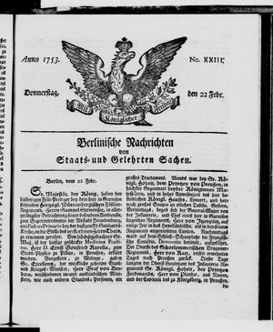 Berlinische Nachrichten von Staats- und gelehrten Sachen vom 22.02.1753