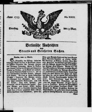 Berlinische Nachrichten von Staats- und gelehrten Sachen vom 13.03.1753