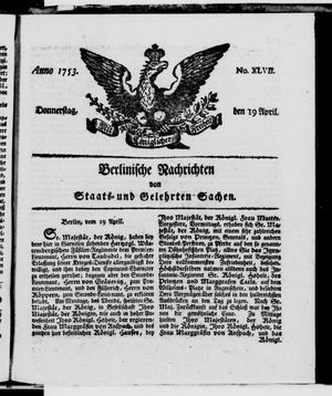 Berlinische Nachrichten von Staats- und gelehrten Sachen vom 19.04.1753