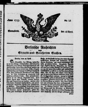 Berlinische Nachrichten von Staats- und gelehrten Sachen vom 28.04.1753