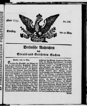 Berlinische Nachrichten von Staats- und gelehrten Sachen vom 22.05.1753