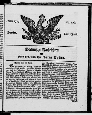 Berlinische Nachrichten von Staats- und gelehrten Sachen vom 12.06.1753