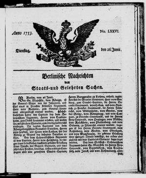 Berlinische Nachrichten von Staats- und gelehrten Sachen vom 26.06.1753