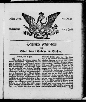 Berlinische Nachrichten von Staats- und gelehrten Sachen vom 07.07.1753