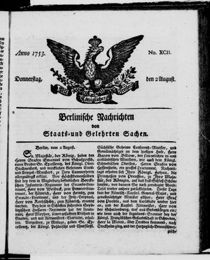 Berlinische Nachrichten von Staats- und gelehrten Sachen vom 02.08.1753