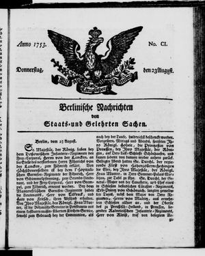 Berlinische Nachrichten von Staats- und gelehrten Sachen vom 23.08.1753