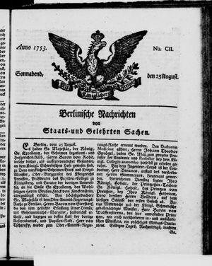 Berlinische Nachrichten von Staats- und gelehrten Sachen vom 25.08.1753