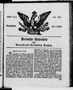 Berlinische Nachrichten von Staats- und gelehrten Sachen vom 15.09.1753