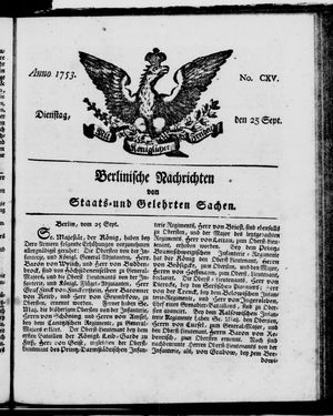 Berlinische Nachrichten von Staats- und gelehrten Sachen vom 25.09.1753