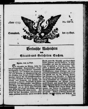 Berlinische Nachrichten von Staats- und gelehrten Sachen vom 29.09.1753