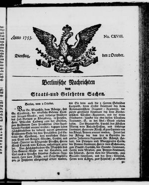 Berlinische Nachrichten von Staats- und gelehrten Sachen vom 02.10.1753