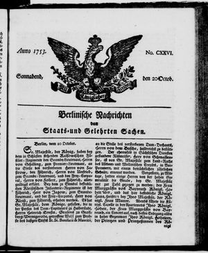 Berlinische Nachrichten von Staats- und gelehrten Sachen vom 20.10.1753