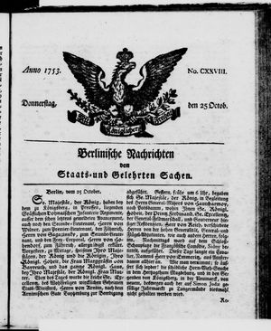 Berlinische Nachrichten von Staats- und gelehrten Sachen vom 25.10.1753