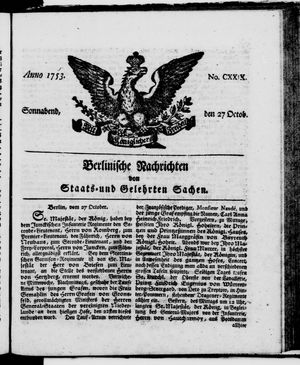 Berlinische Nachrichten von Staats- und gelehrten Sachen vom 27.10.1753