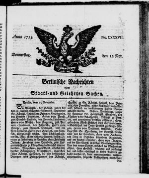 Berlinische Nachrichten von Staats- und gelehrten Sachen vom 15.11.1753