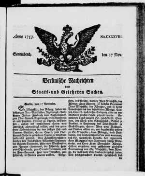 Berlinische Nachrichten von Staats- und gelehrten Sachen vom 17.11.1753