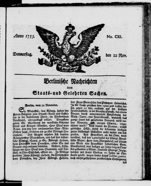 Berlinische Nachrichten von Staats- und gelehrten Sachen vom 22.11.1753