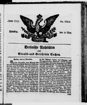Berlinische Nachrichten von Staats- und gelehrten Sachen vom 27.11.1753