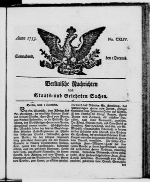 Berlinische Nachrichten von Staats- und gelehrten Sachen vom 01.12.1753