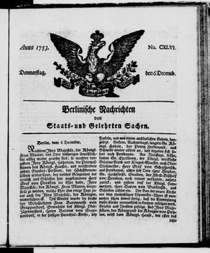 Berlinische Nachrichten von Staats- und gelehrten Sachen vom 06.12.1753