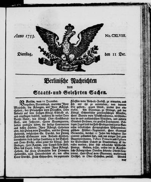 Berlinische Nachrichten von Staats- und gelehrten Sachen vom 11.12.1753