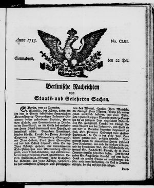 Berlinische Nachrichten von Staats- und gelehrten Sachen vom 22.12.1753