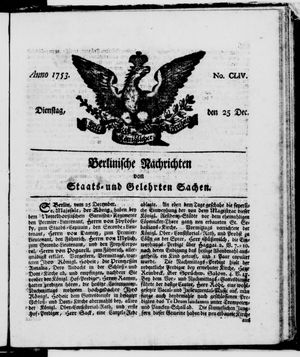 Berlinische Nachrichten von Staats- und gelehrten Sachen vom 25.12.1753