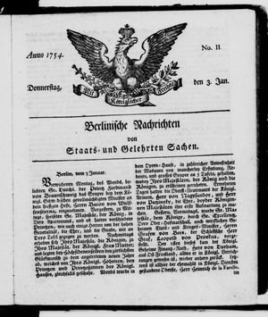Berlinische Nachrichten von Staats- und gelehrten Sachen vom 03.01.1754