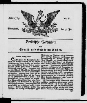 Berlinische Nachrichten von Staats- und gelehrten Sachen on Jan 5, 1754