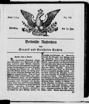 Berlinische Nachrichten von Staats- und gelehrten Sachen vom 15.01.1754