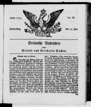 Berlinische Nachrichten von Staats- und gelehrten Sachen vom 24.01.1754
