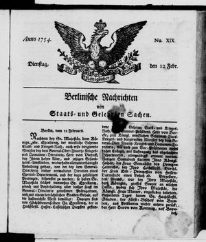 Berlinische Nachrichten von Staats- und gelehrten Sachen vom 12.02.1754
