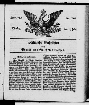 Berlinische Nachrichten von Staats- und gelehrten Sachen vom 19.02.1754