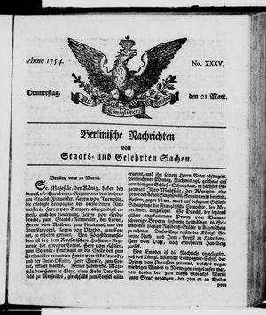 Berlinische Nachrichten von Staats- und gelehrten Sachen vom 21.03.1754