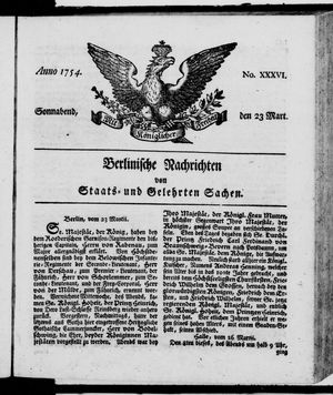 Berlinische Nachrichten von Staats- und gelehrten Sachen vom 23.03.1754